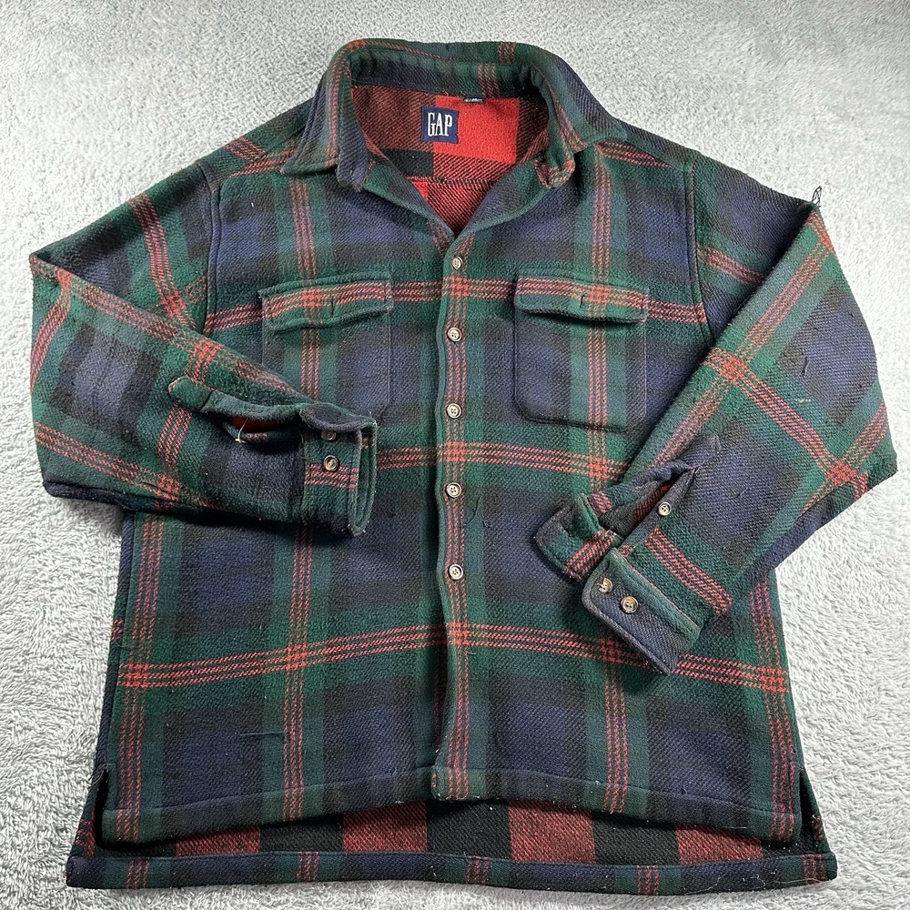 VINTAGE Gap Chore Flannel Shirt Mens XL Blue Green‎ Red Heavyweight Shacket